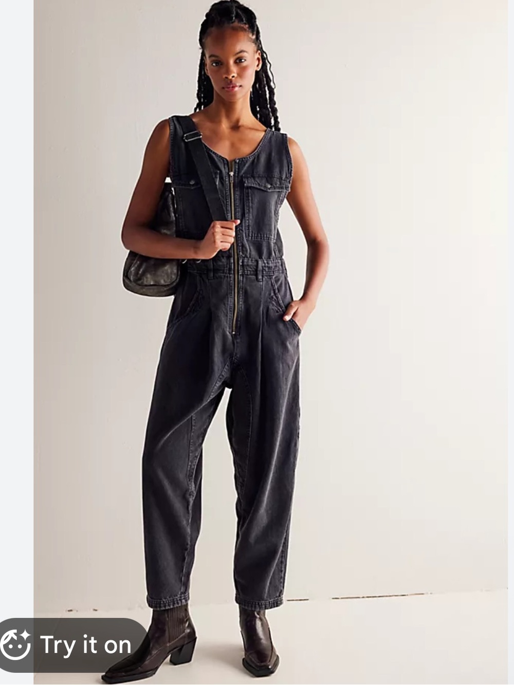 Free People Washed Black Denim Zip Jumpsuit